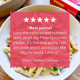 Fiber Gourmet Light Penne kitchen scene hints at quick weeknight meals with ready-to-cook pasta.