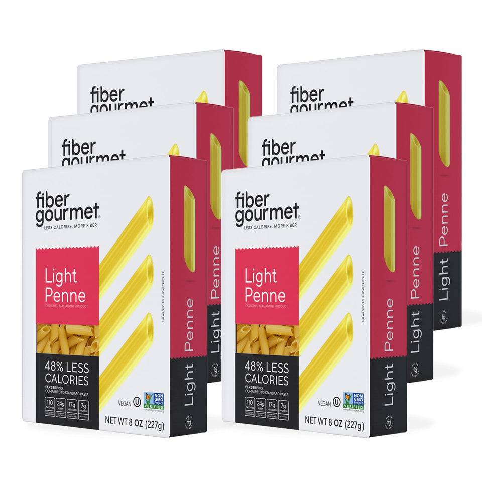 Fiber Gourmet Light Penne packshot highlights premium packaging and non-GMO ingredients.