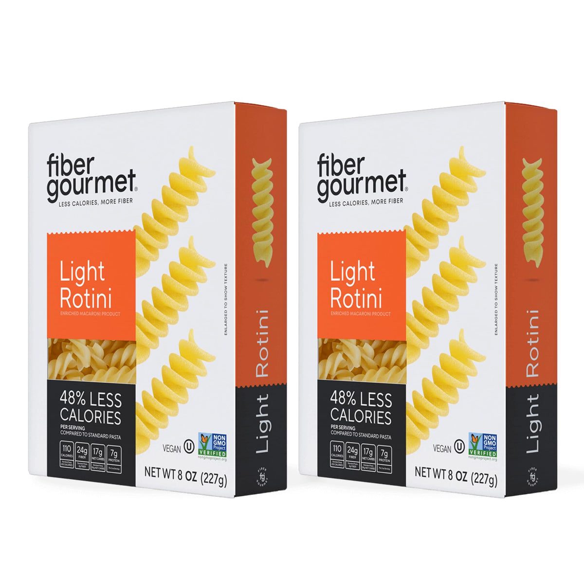 Fiber Gourmet Light Rotini 2-pack shown as a convenient, low net carb option for meals.