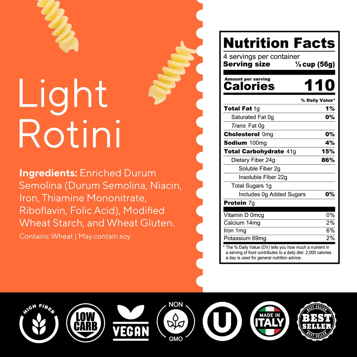 Fiber Gourmet Light Rotini uncooked pasta showcases high-fiber content for digestion-friendly meals