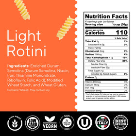 Fiber Gourmet Light Rotini uncooked pasta showcases high-fiber content for digestion-friendly meals