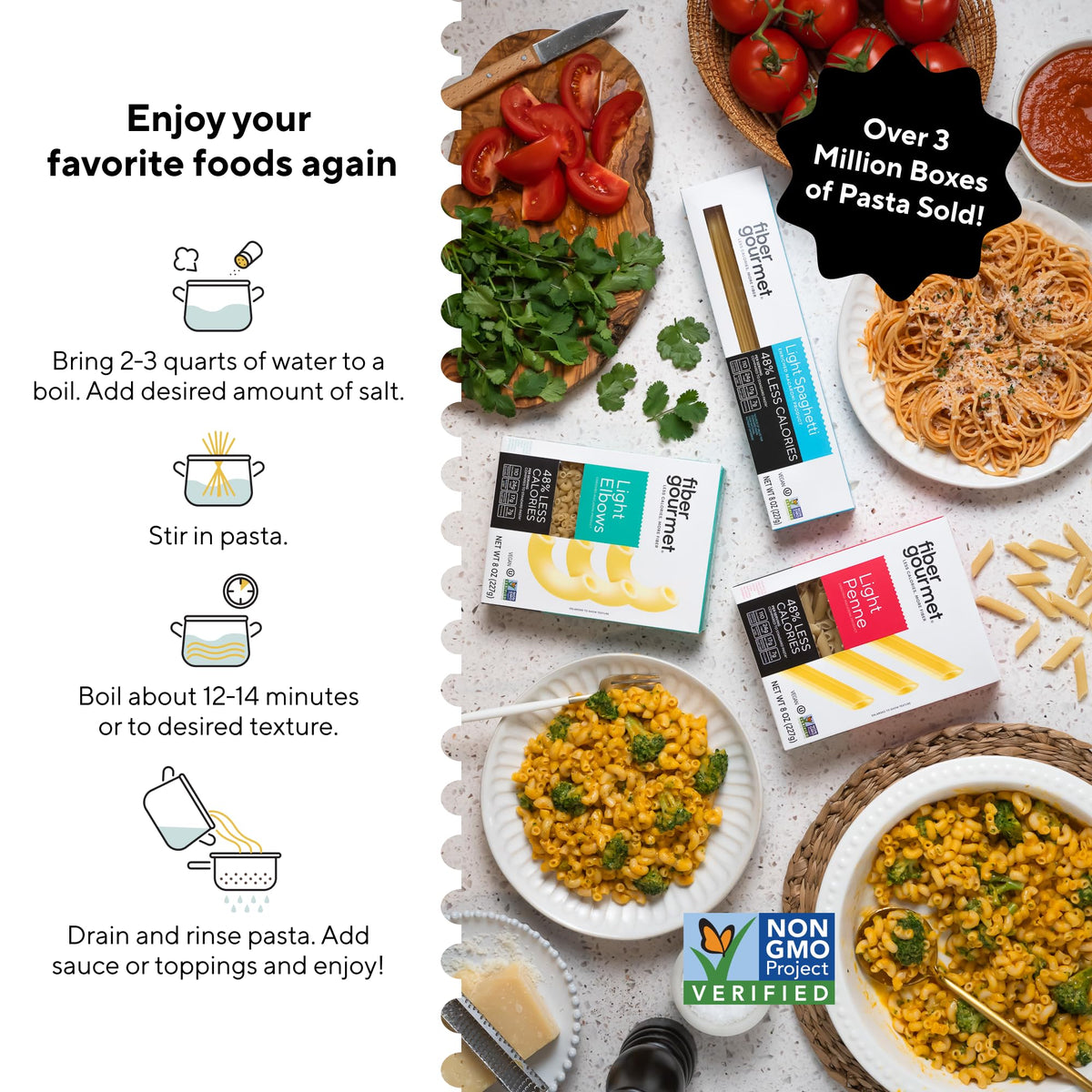 Fiber Gourmet elbows in a creamy casserole scene suggests comforting pasta night.