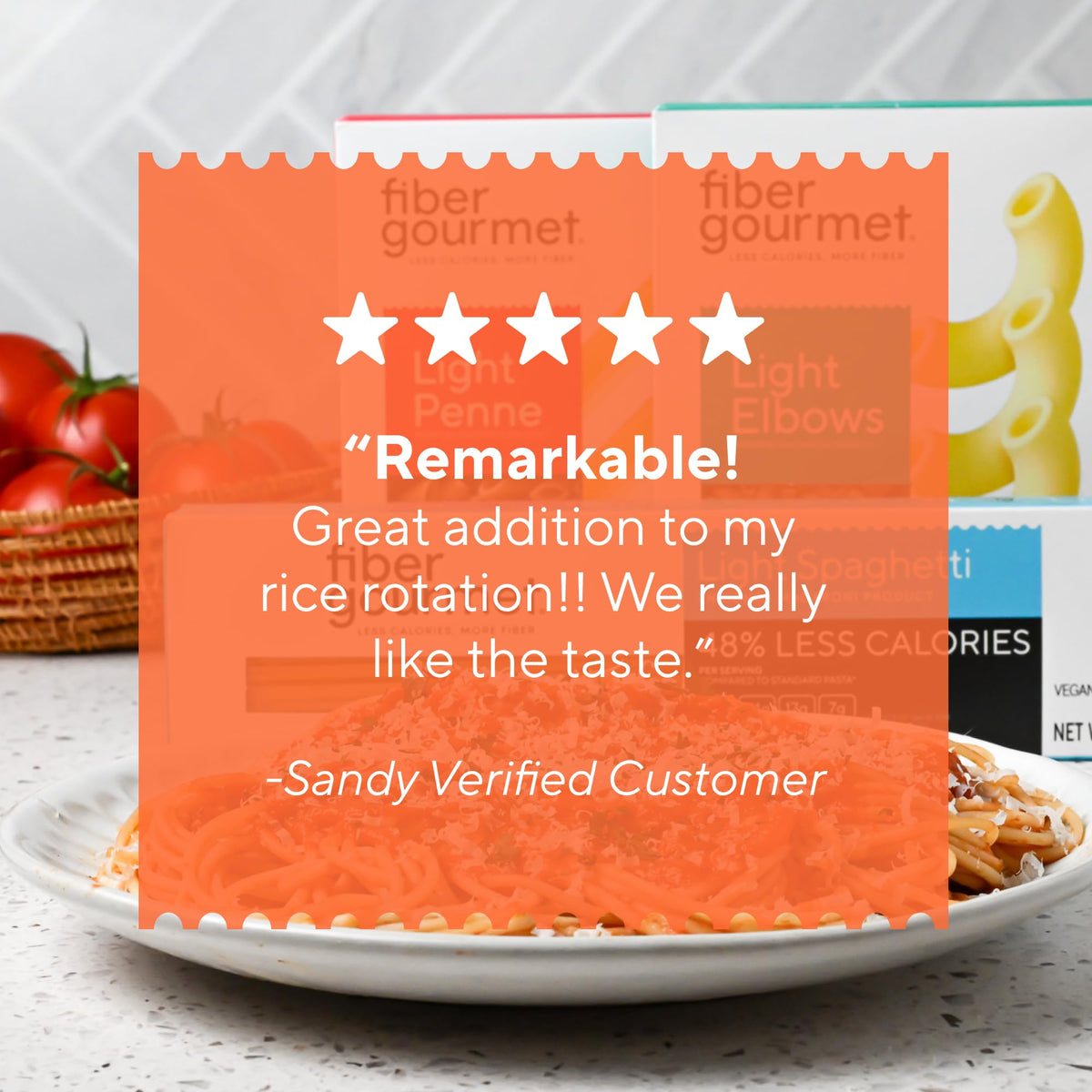 Italian-made Fiber Gourmet low-carb pasta packaging emphasizes authentic origin.
