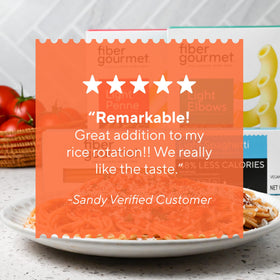 Italian-made Fiber Gourmet low-carb pasta packaging emphasizes authentic origin.