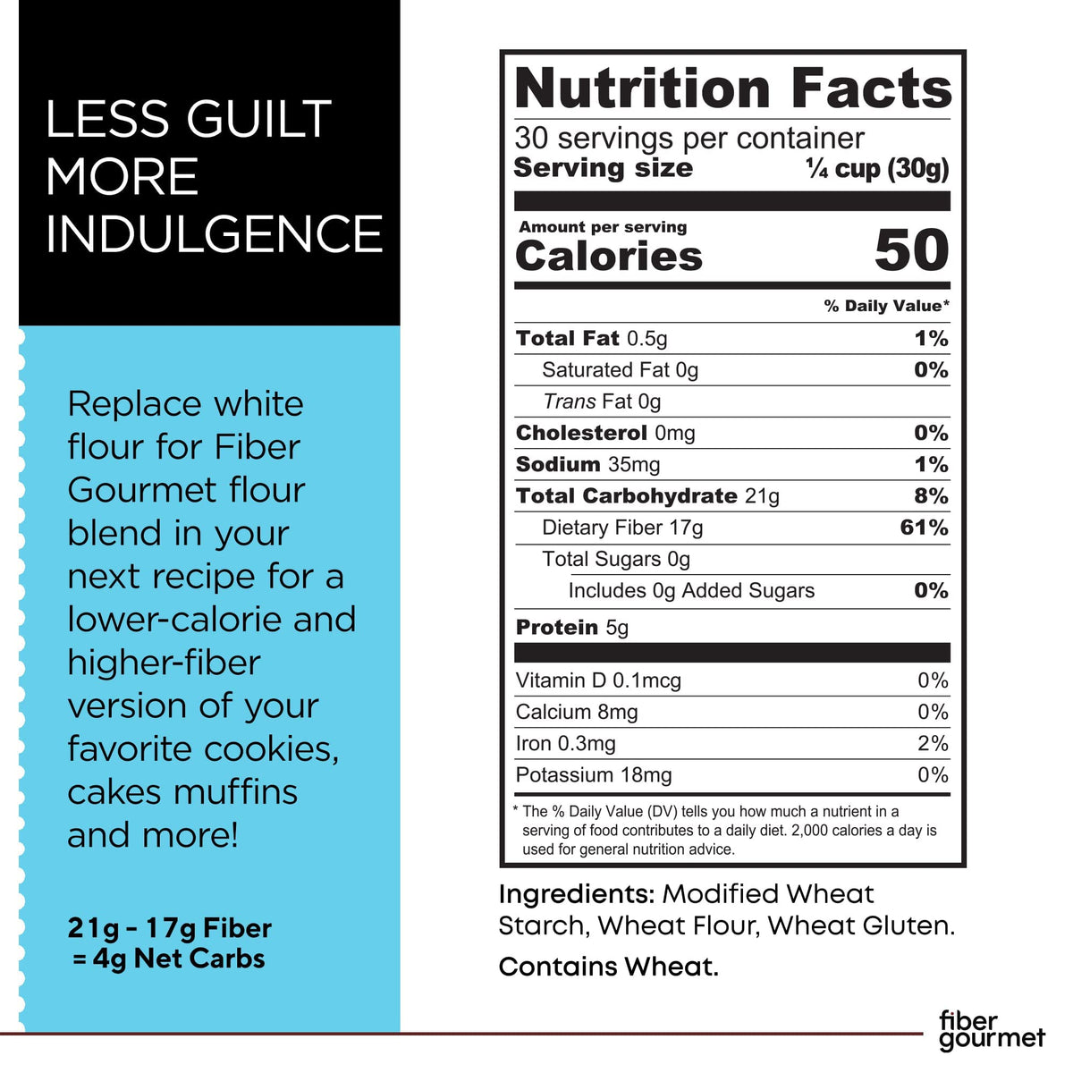 Fiber Gourmet low net carb flour blend dry ingredients measured for precise 1:1 substitution.