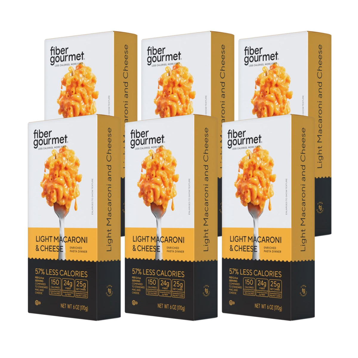 Fiber Gourmet Mac and Cheese elbow pasta showing familiar texture and high fiber per serving.