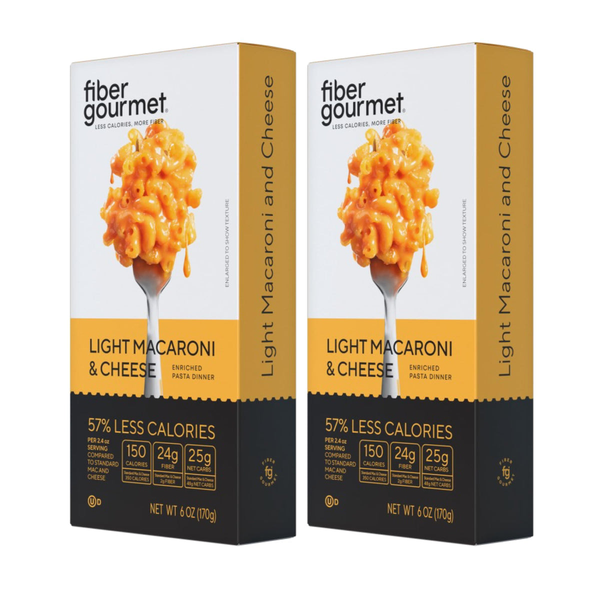 Fiber Gourmet Mac and Cheese pack shot highlights clean ingredients and kosher certification.
