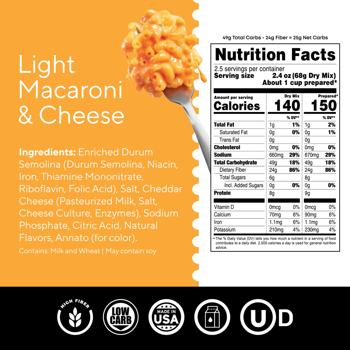 Fiber Gourmet Mac and Cheese serving bowl shows creamy texture and 150 calories per serving.