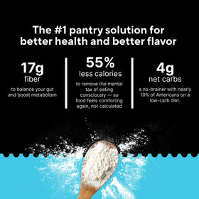Measuring spoon over Fiber Gourmet flour ensuring consistent results.
