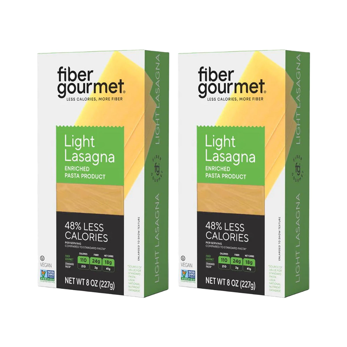 Fiber Gourmet Pasta Light Lasagna Sheets packaging shows a two-pack for convenient meal prep.