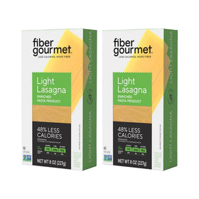 Fiber Gourmet Pasta Light Lasagna Sheets packaging shows a two-pack for convenient meal prep.