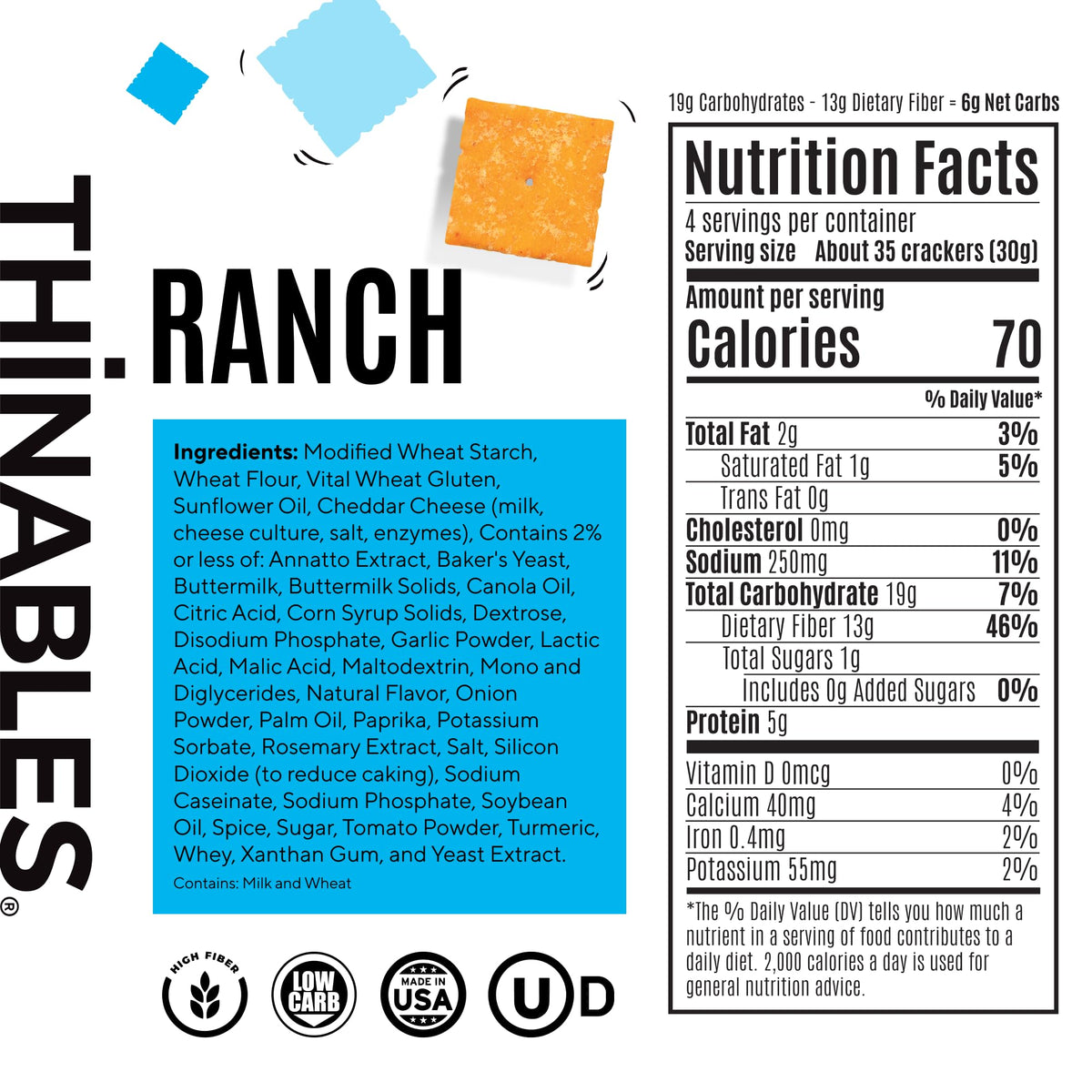 Fiber Gourmet Ranch Thinables crackers closeup cheese highlights real cheese crispness