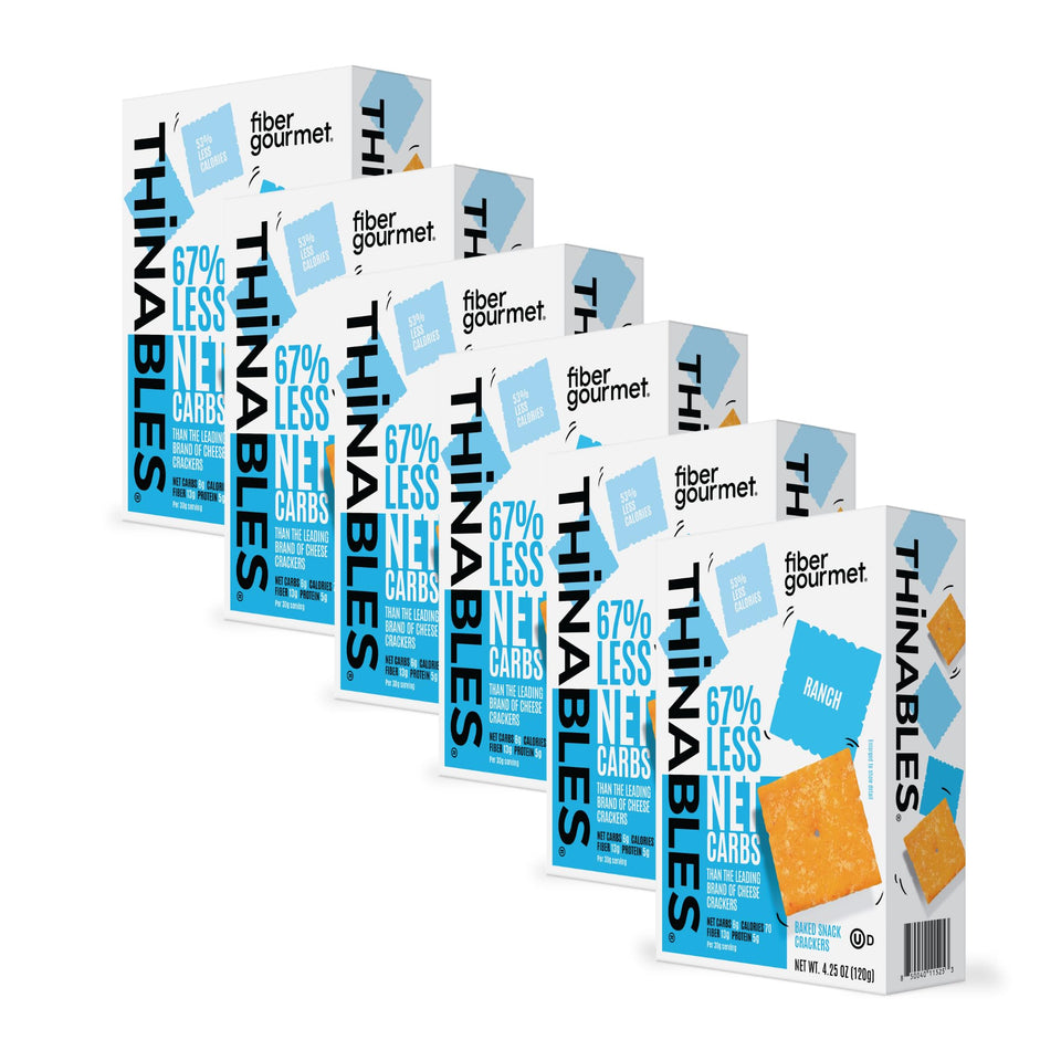 Fiber Gourmet Ranch Thinables crackers pack shows keto-friendly, low-calorie snacking