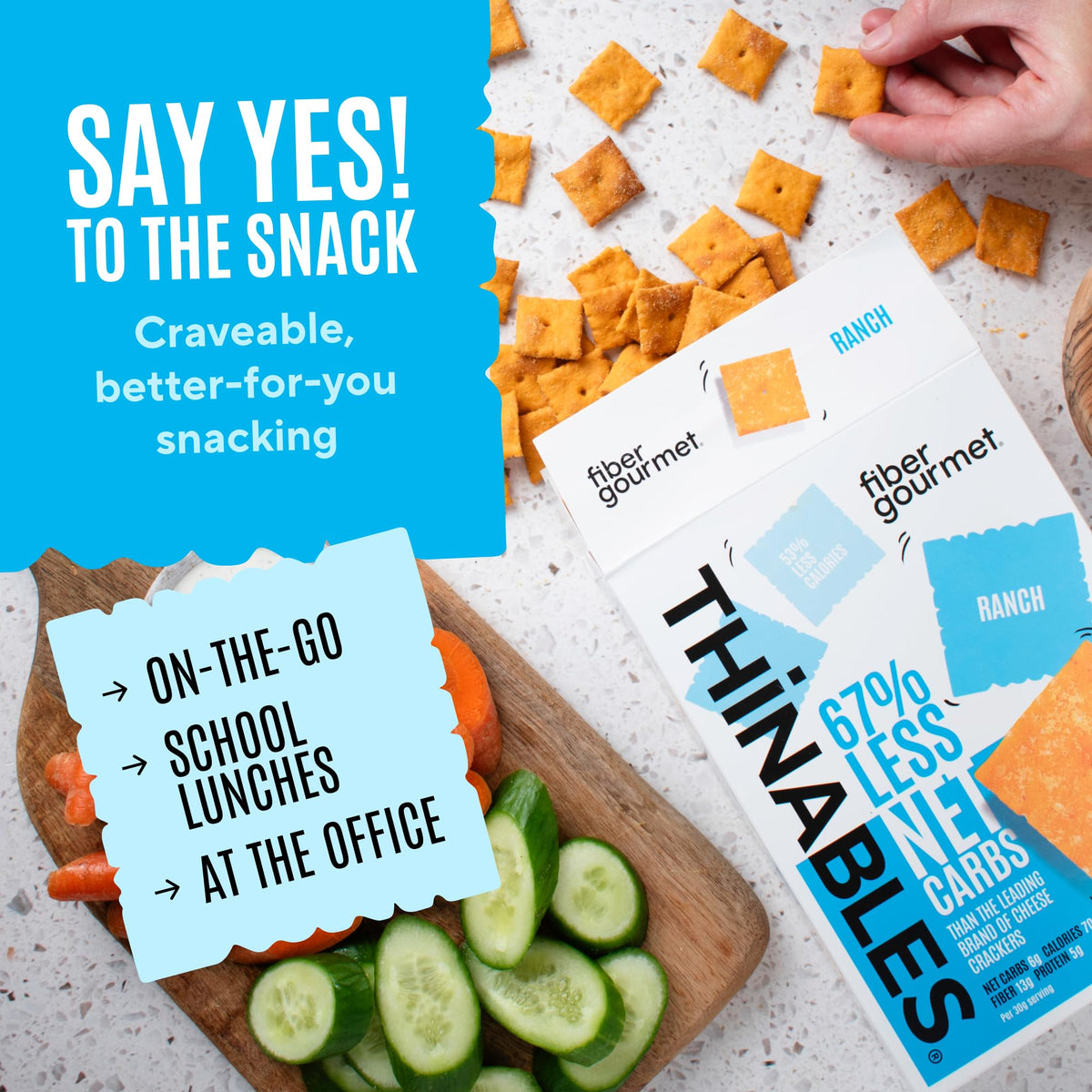 Fiber Gourmet Ranch Thinables crackers serving image demonstrates a satisfying fiber-rich snack
