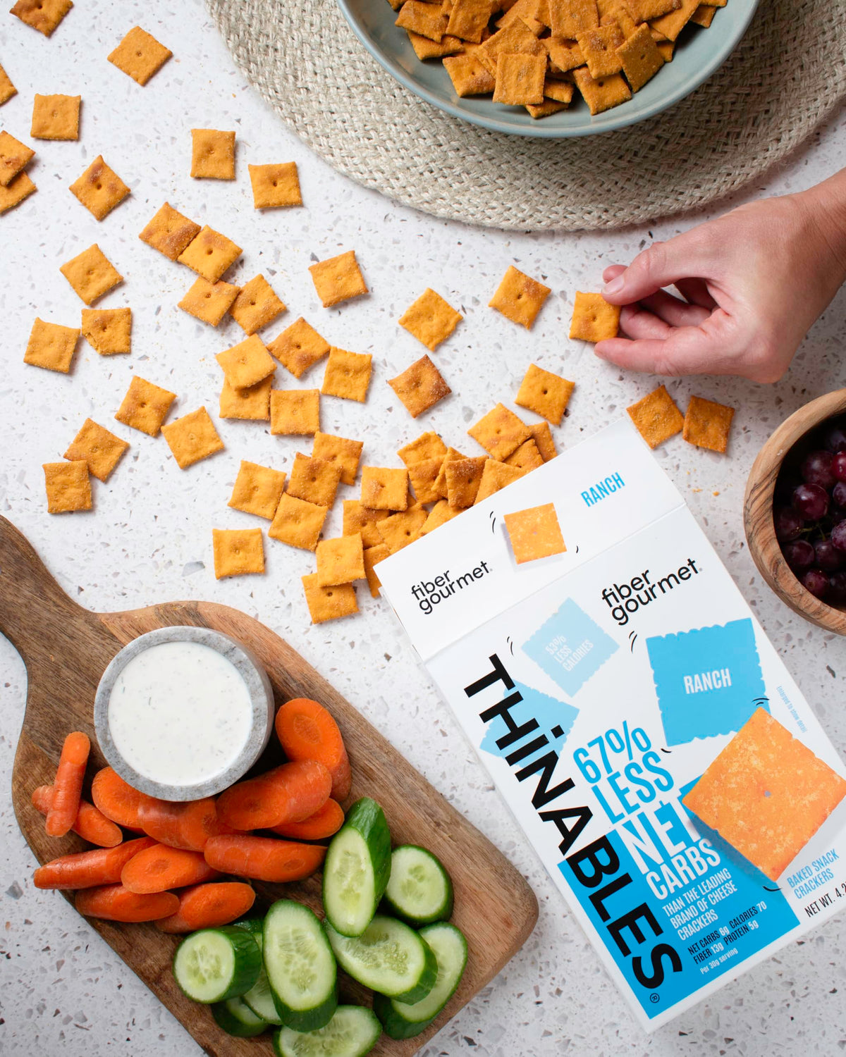 Fiber Gourmet Thinables real cheese close-up emphasizing cheesy crunch.
