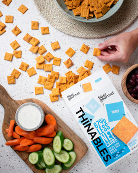 Fiber Gourmet Thinables real cheese close-up emphasizing cheesy crunch.