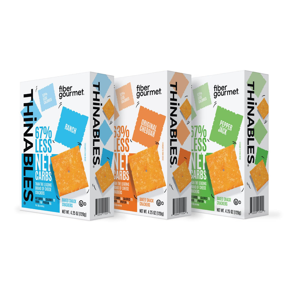 Fiber Gourmet Thinables Original pack front, a crispy, high-fiber snack option.