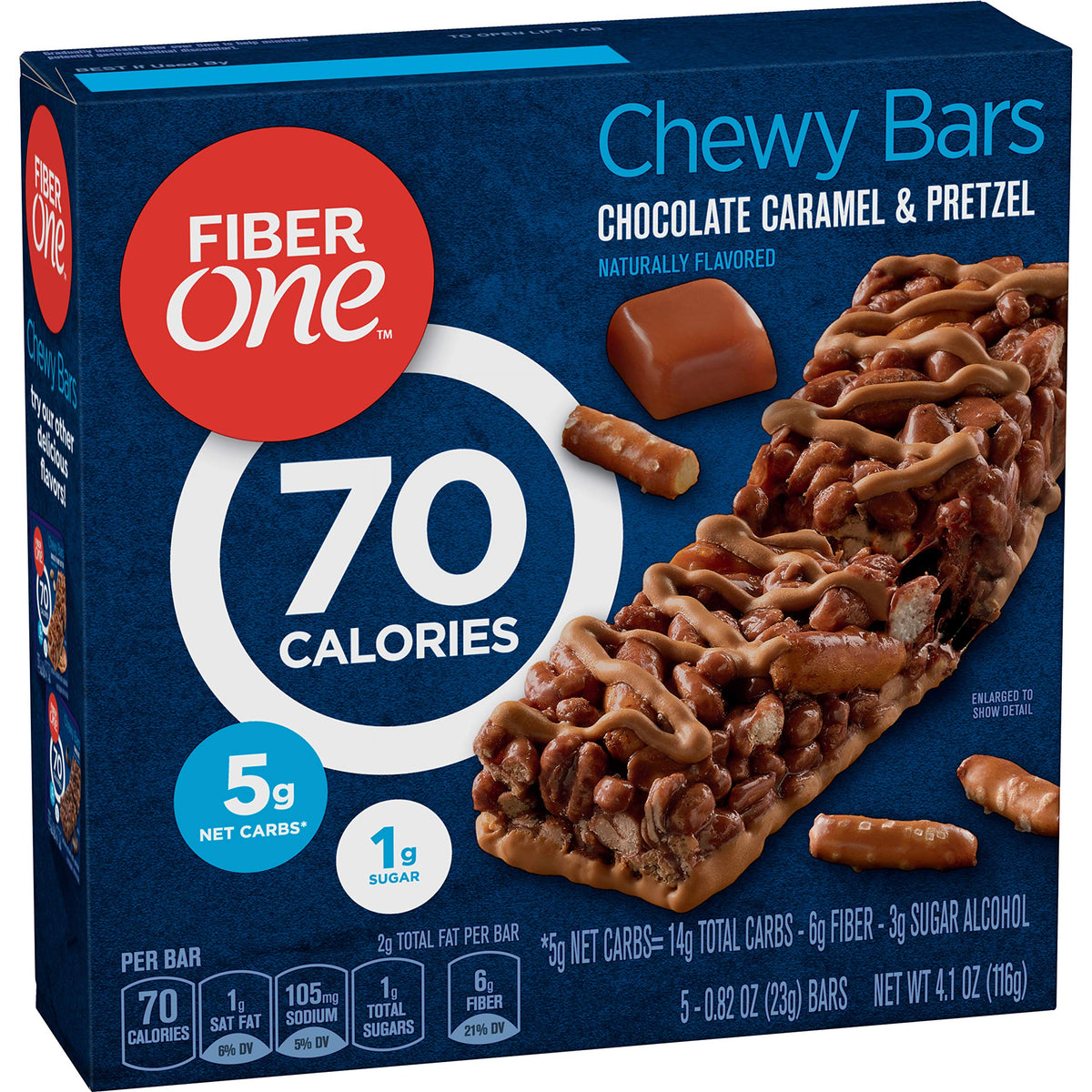 Fiber One 70-Calorie chocolate caramel pretzel bars pack shot highlighting convenient portion control
