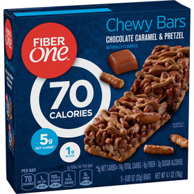 Fiber One 70-Calorie chocolate caramel pretzel bars pack shot highlighting convenient portion control