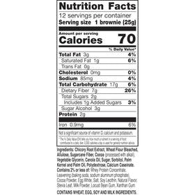 Close-up of Fiber One brownie bar highlighting 70 calories and chocolate fudge flavor.