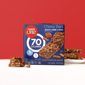 Fiber One texture detail highlighting crisp pretzel bits within chocolate caramel