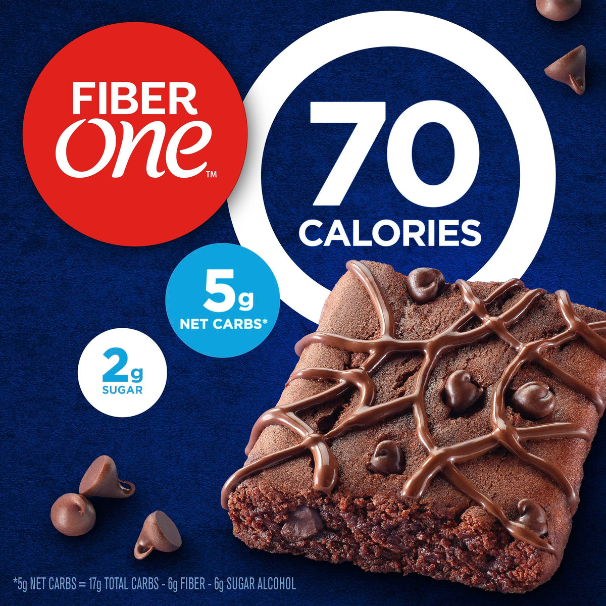 Fiber One Brownies Chocolate Fudge bars packaging closeup highlights 70 calories per bar