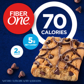 Close-up of Fiber One Chocolate Chip Cookie Flavored Brownie Bar for a satisfying snack.