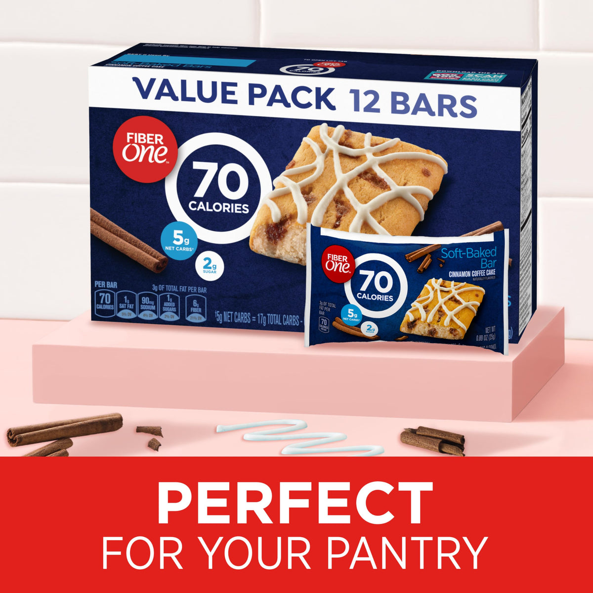 Per-bar nutrition: 70 calories, 21% DV fiber on Fiber One bar
