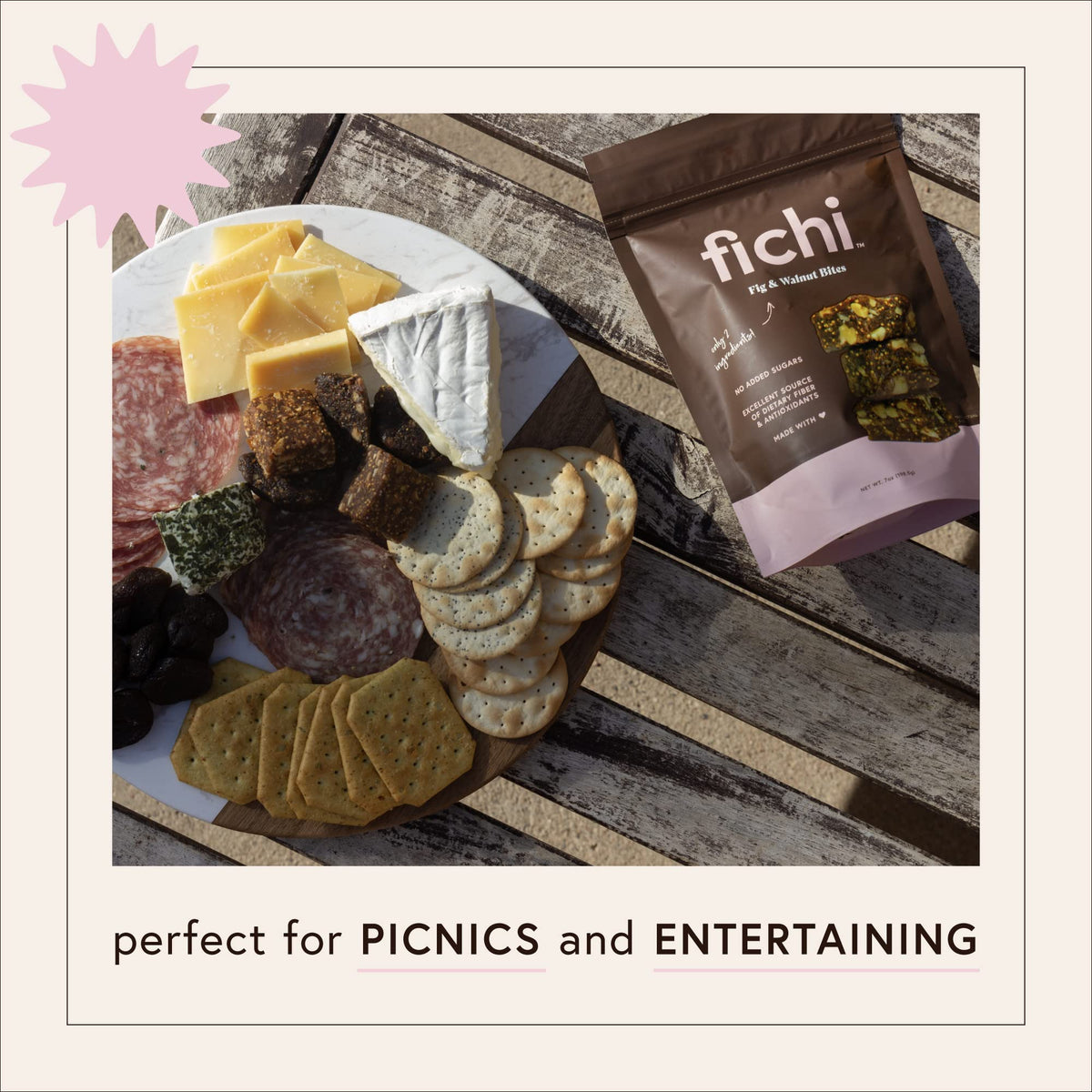 Fichi Fig and Walnut Bites label close-up highlighting gluten-free and no-added-sugar claims.