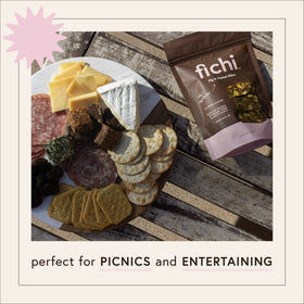 Fichi Fig and Walnut Bites label close-up highlighting gluten-free and no-added-sugar claims.