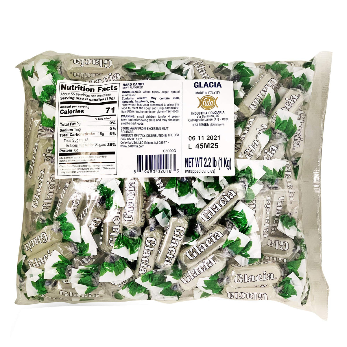 Fida Glacia Mint Hard Candy in a 2.2 lb package, ideal after-dinner refresh.