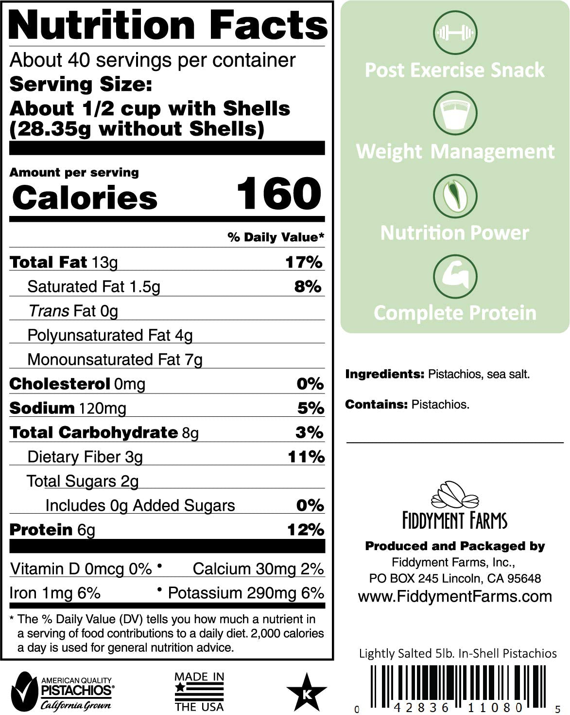 Fiddyment Farms 5 lb in-shell sea salted pistachios close-up showing natural opened shells for easy snacking