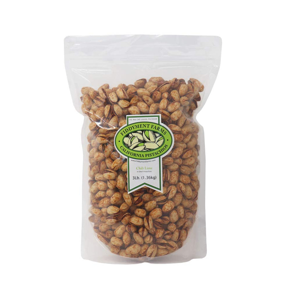 Fiddyment Farms chili lime in-shell pistachios in a resealable bag, on-the-go snacking