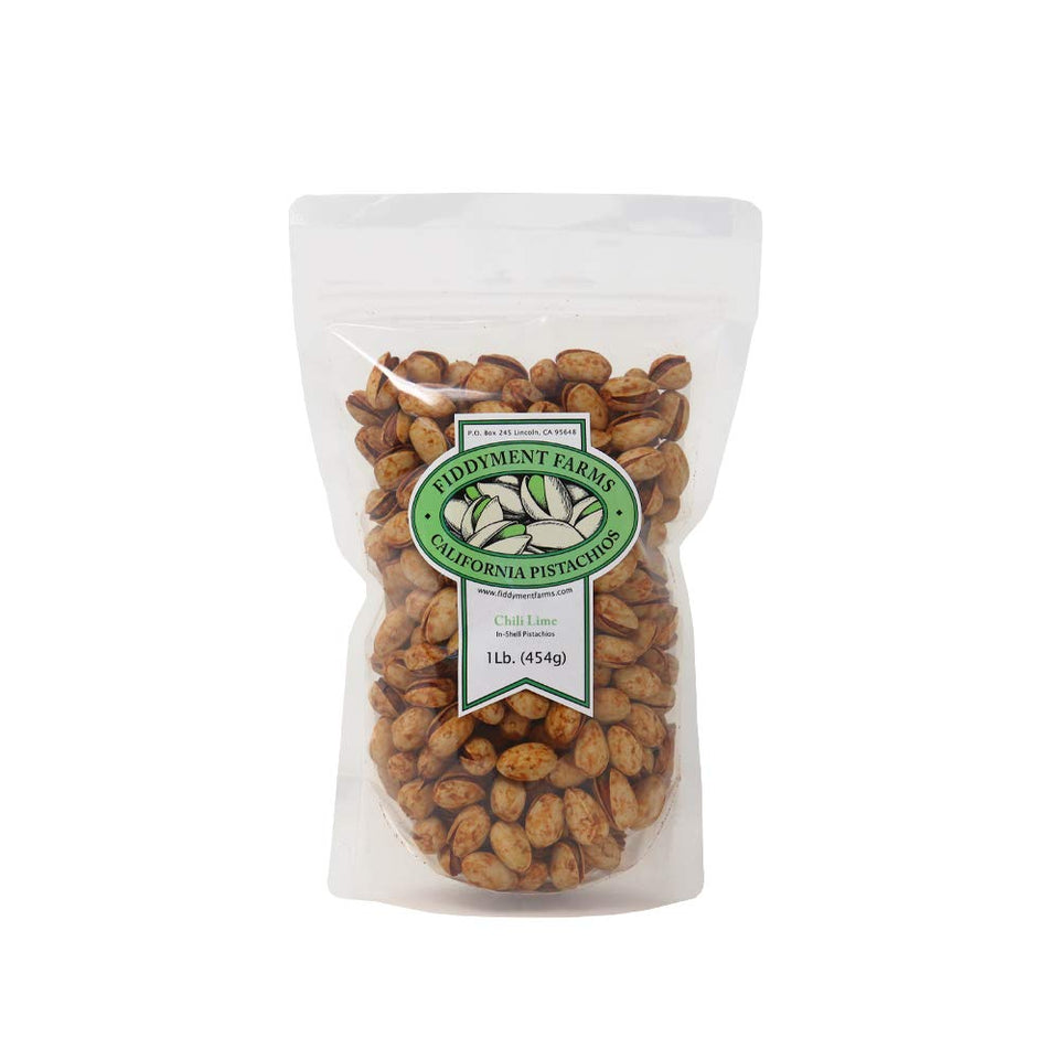 Fiddyment Farms Chili Lime Pistachios in-shell in resealable bag for freshness