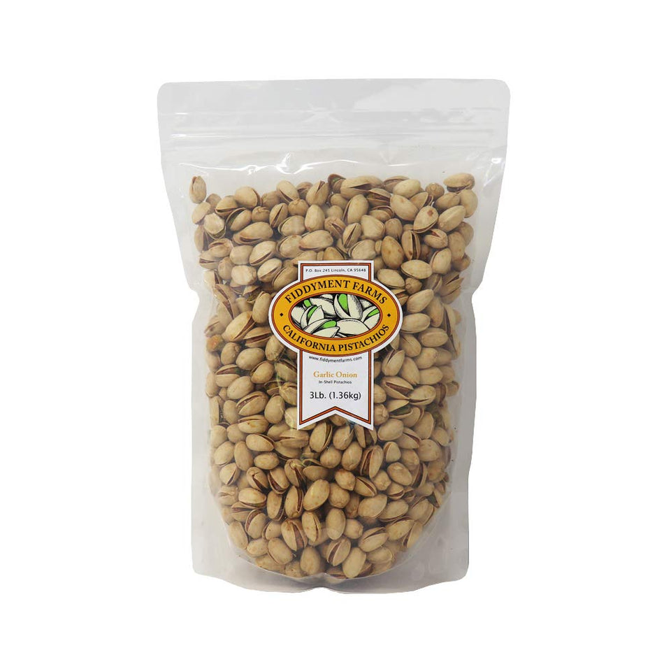 Fiddyment Farms garlic onion in-shell pistachios close-up for on-the-go snacking