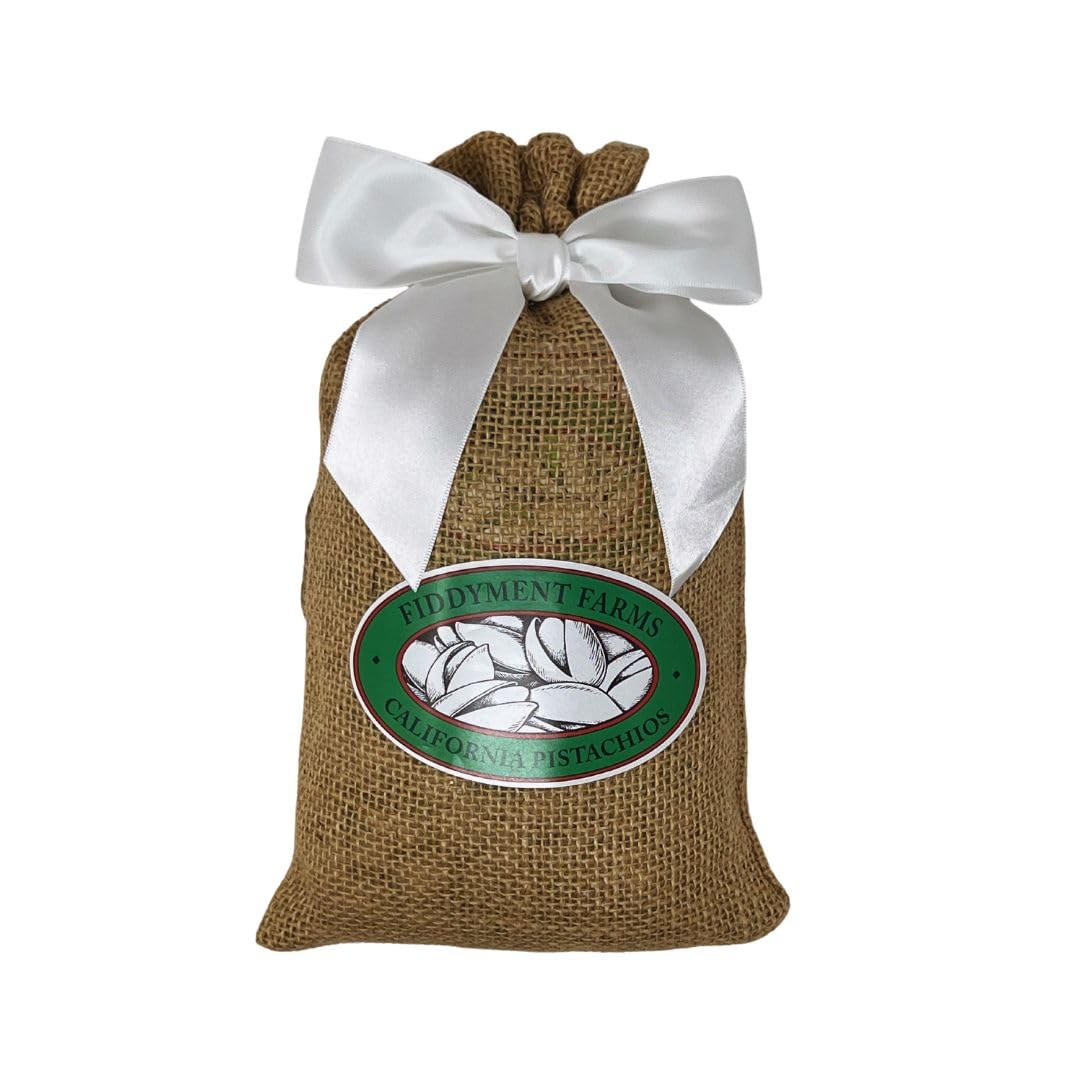 Fiddyment Farms pistachios in beige burlap bag ready for snacking.