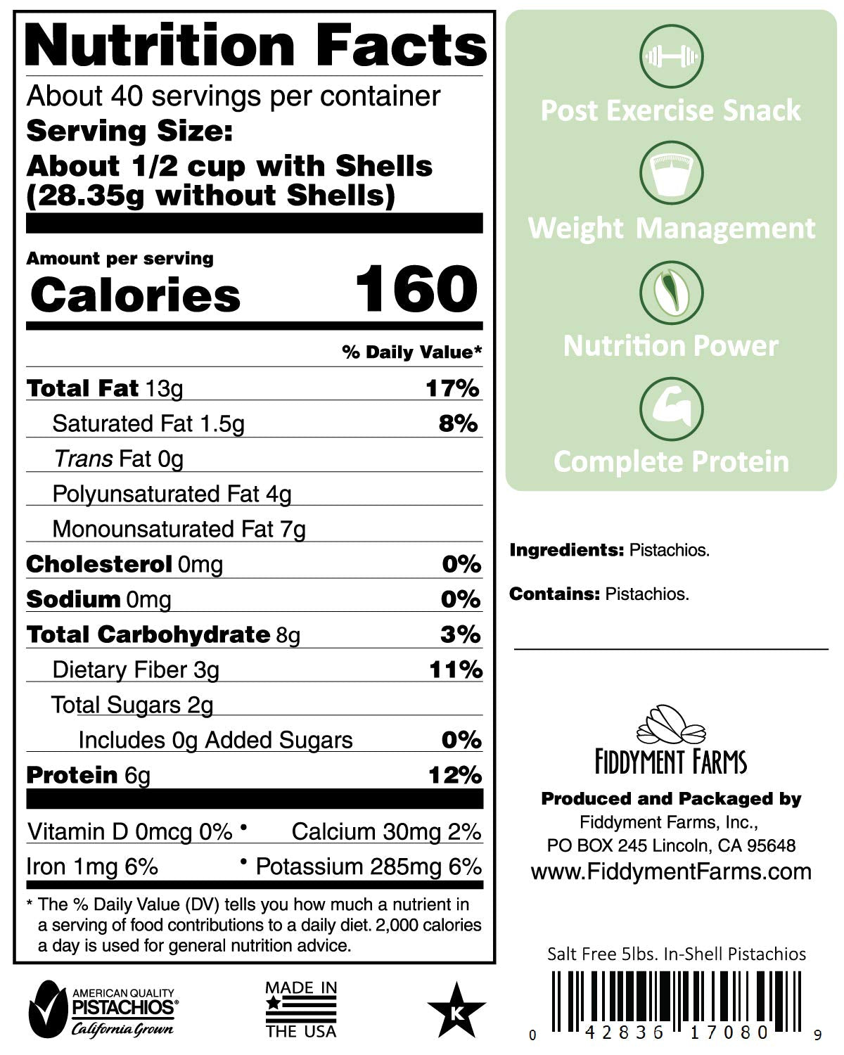 Fiddyment Farms Pistachios in-shell close-up, gluten-free and Non-GMO.