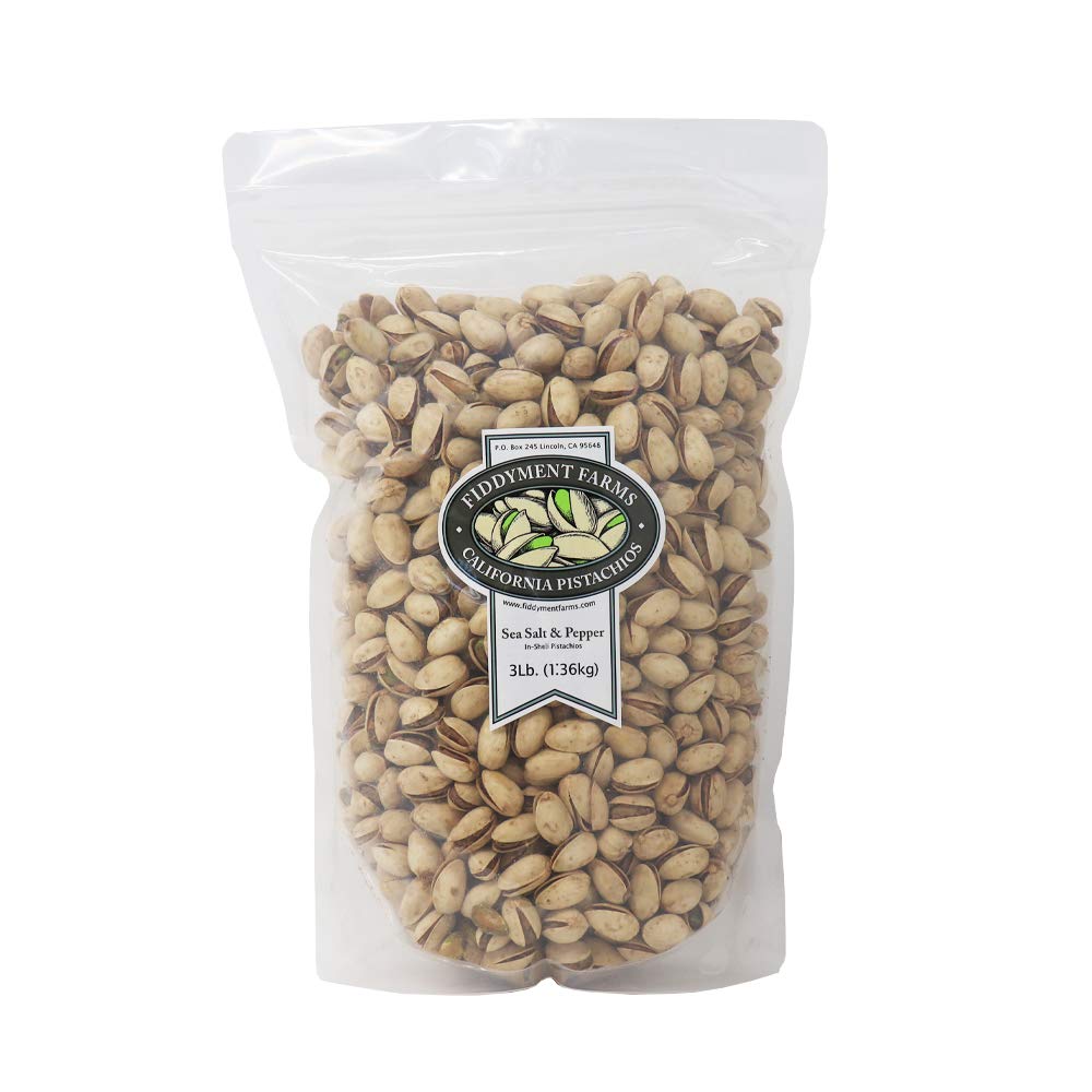 Fiddyment Farms sea salt and pepper in-shell pistachios in a resealable bag for freshness.