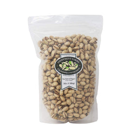 Fiddyment Farms sea salt and pepper in-shell pistachios in a resealable bag for freshness.