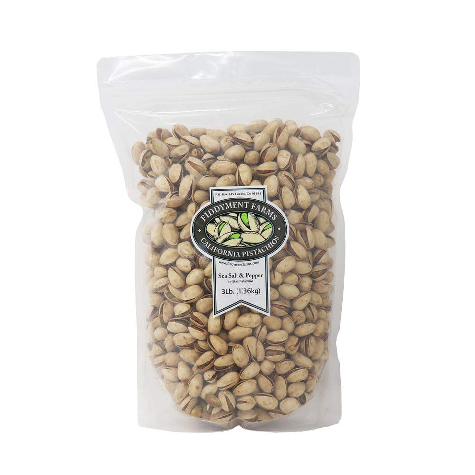 Fiddyment Farms sea salt and pepper in-shell pistachios in a resealable bag for freshness.