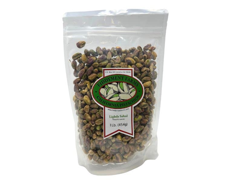 Fiddyment Farms sea salted pistachio kernels in resealable 1lb bag for convenient snacking.