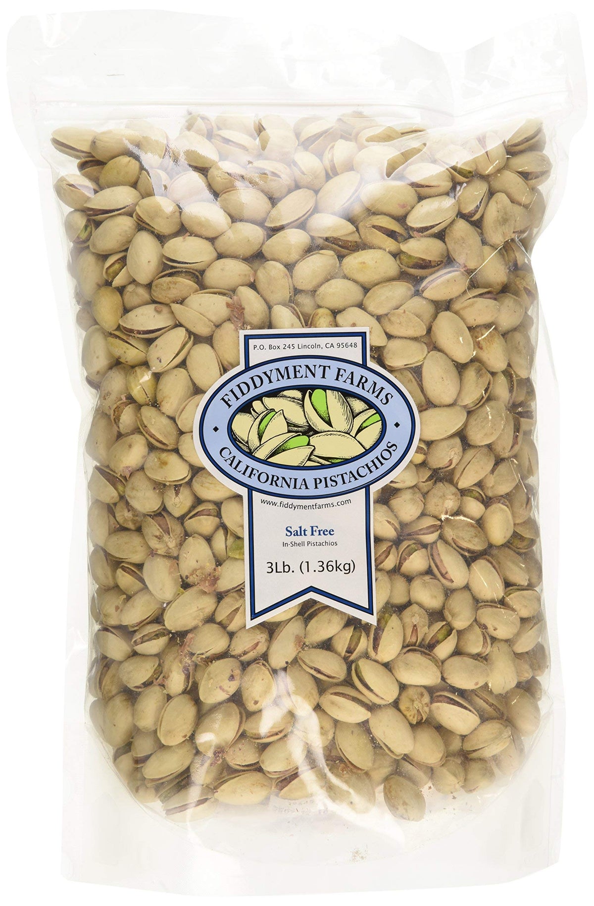 Fiddyment Farms unsalted in-shell pistachios, California grown, resealable bag for freshness.