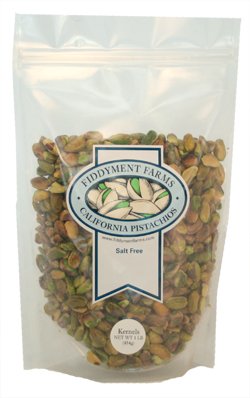 Fiddyment Farms unsalted pistachio kernels in a 1 lb bag; crisp, versatile snack