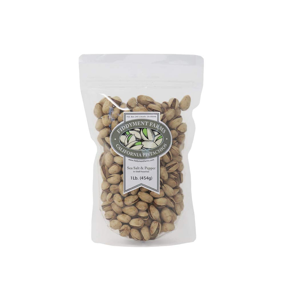Fiddyment Farms sea salt and pepper pistachios in-shell in a resealable bag for fresh snacking.