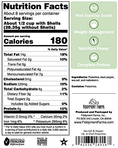 Close-up of Fiddyment Farms pistachios in-shell with sea salt and pepper flavor for gourmet snacking.