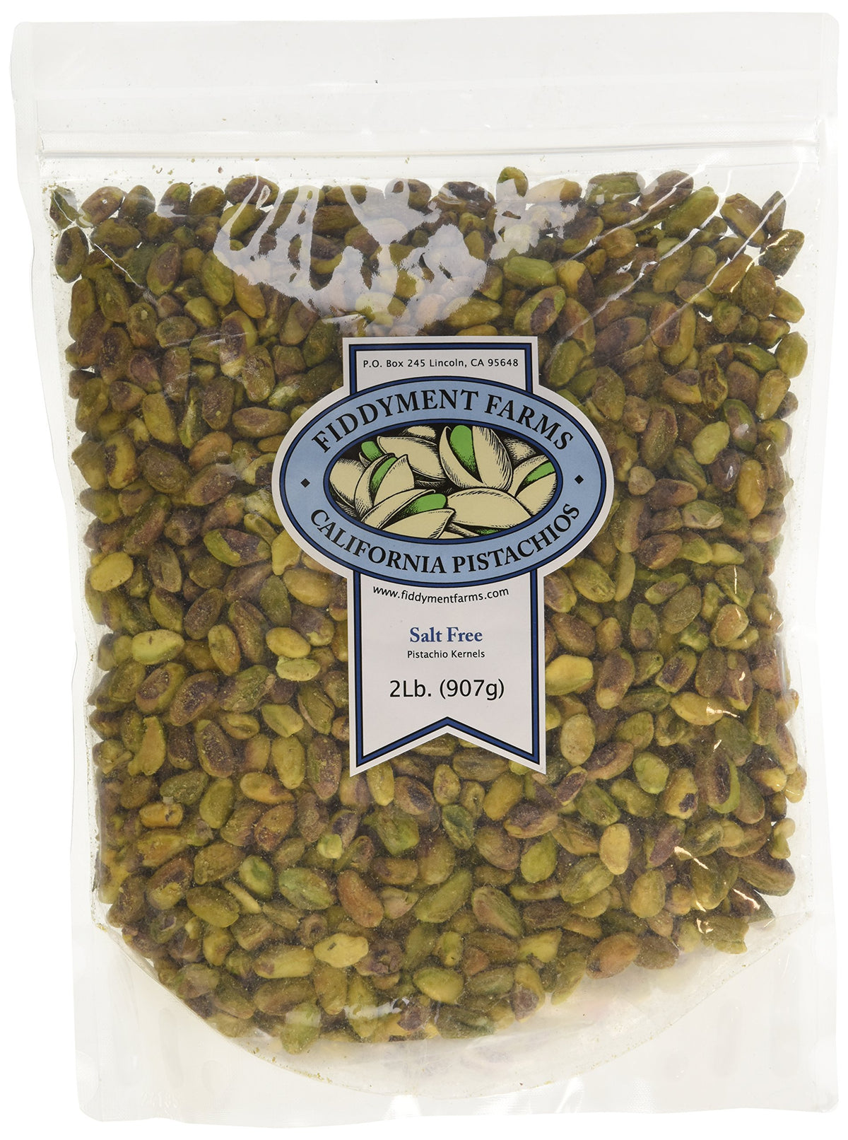 Fiddyment Farms unsalted pistachio kernels in a resealable bag, perfect for snacking