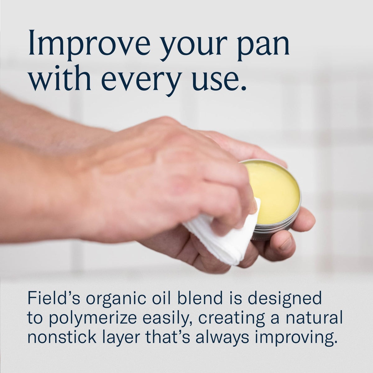 Field Company Cast Iron Seasoning Oil bottle close-up for convenient storage and ready use.
