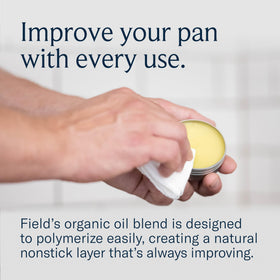 Field Company Cast Iron Seasoning Oil bottle close-up for convenient storage and ready use.