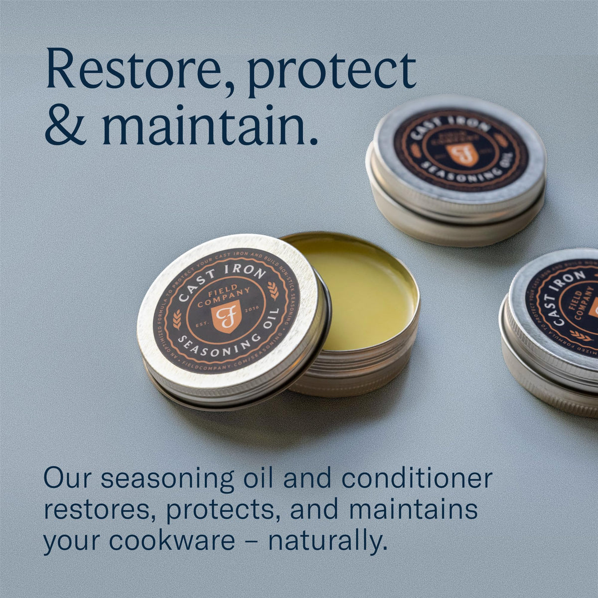 Field Company seasoning oil on pan surface yields a smooth matte finish.