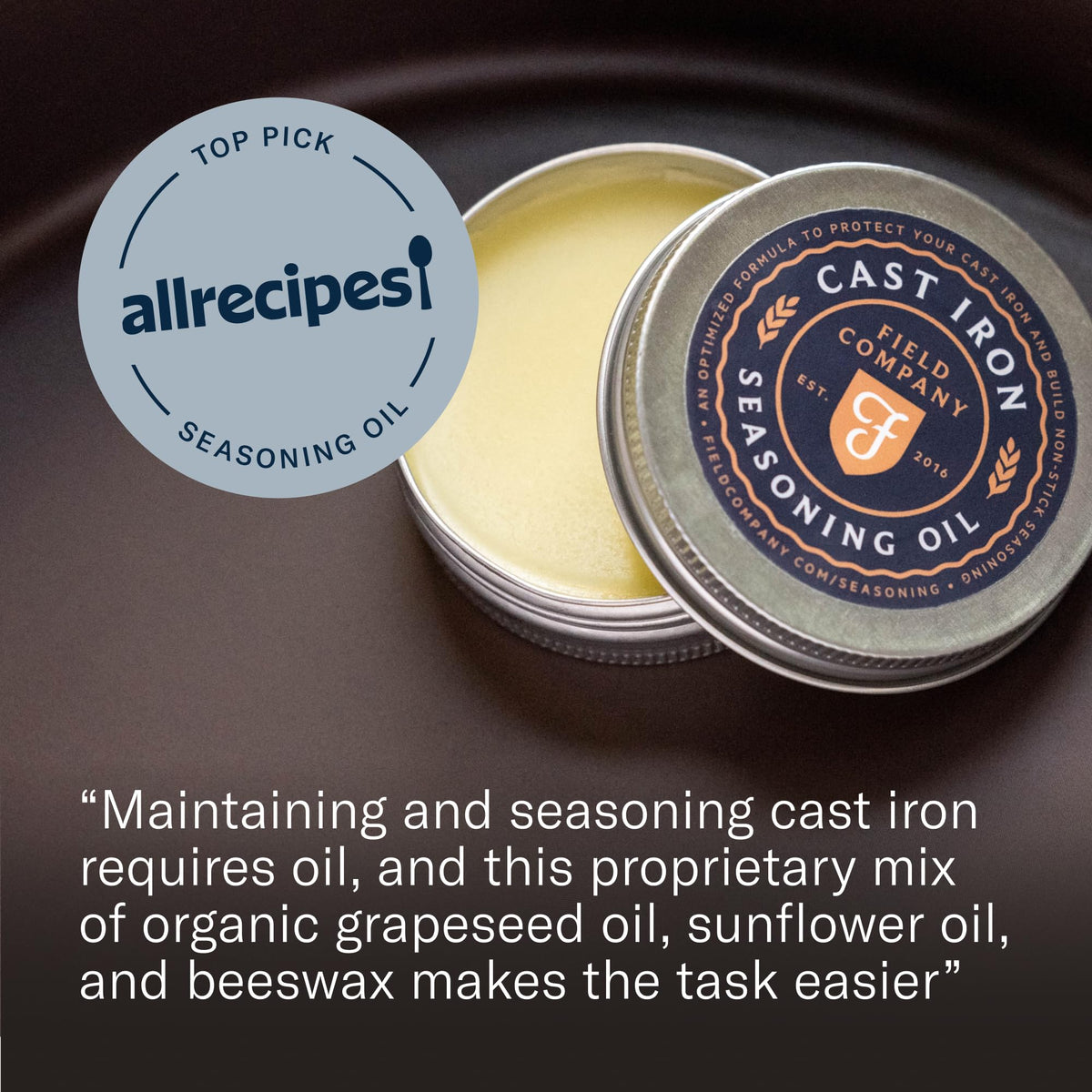 Field Company natural ingredients blend shows grapeseed, sunflower oils, and beeswax for conditioning.